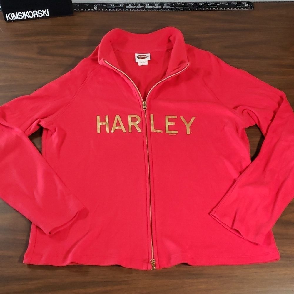 Harley Davidson Zip Up Sweatshirt Sweater Women's XL Red Gold